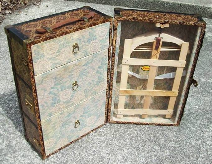 Antique Wooden Doll Trunk with 4 Wooden Drawers and Clothes